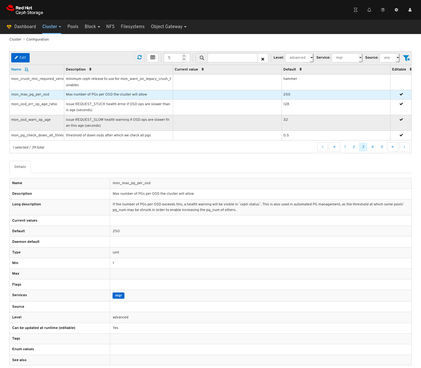 Ceph Dashboard displaying "tuneables" configuration options