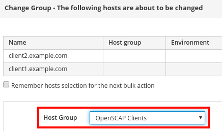 Change host group dialog in Satellite