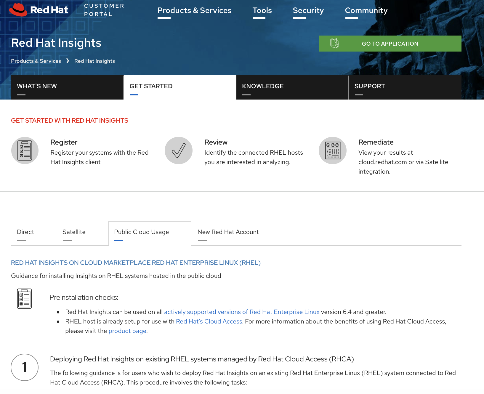 Figure 2: Instructions for installing the Red Hat Insights client for RHEL on public cloud