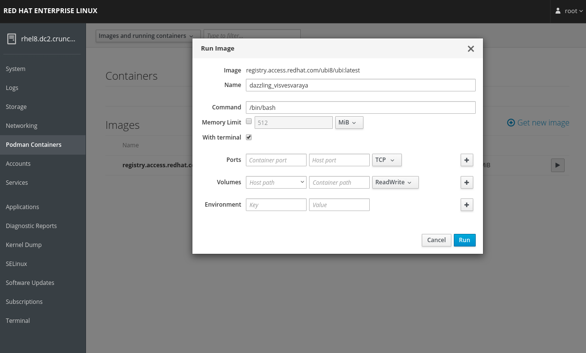 Figure 2: Running a container image using RHEL 8.1 web console