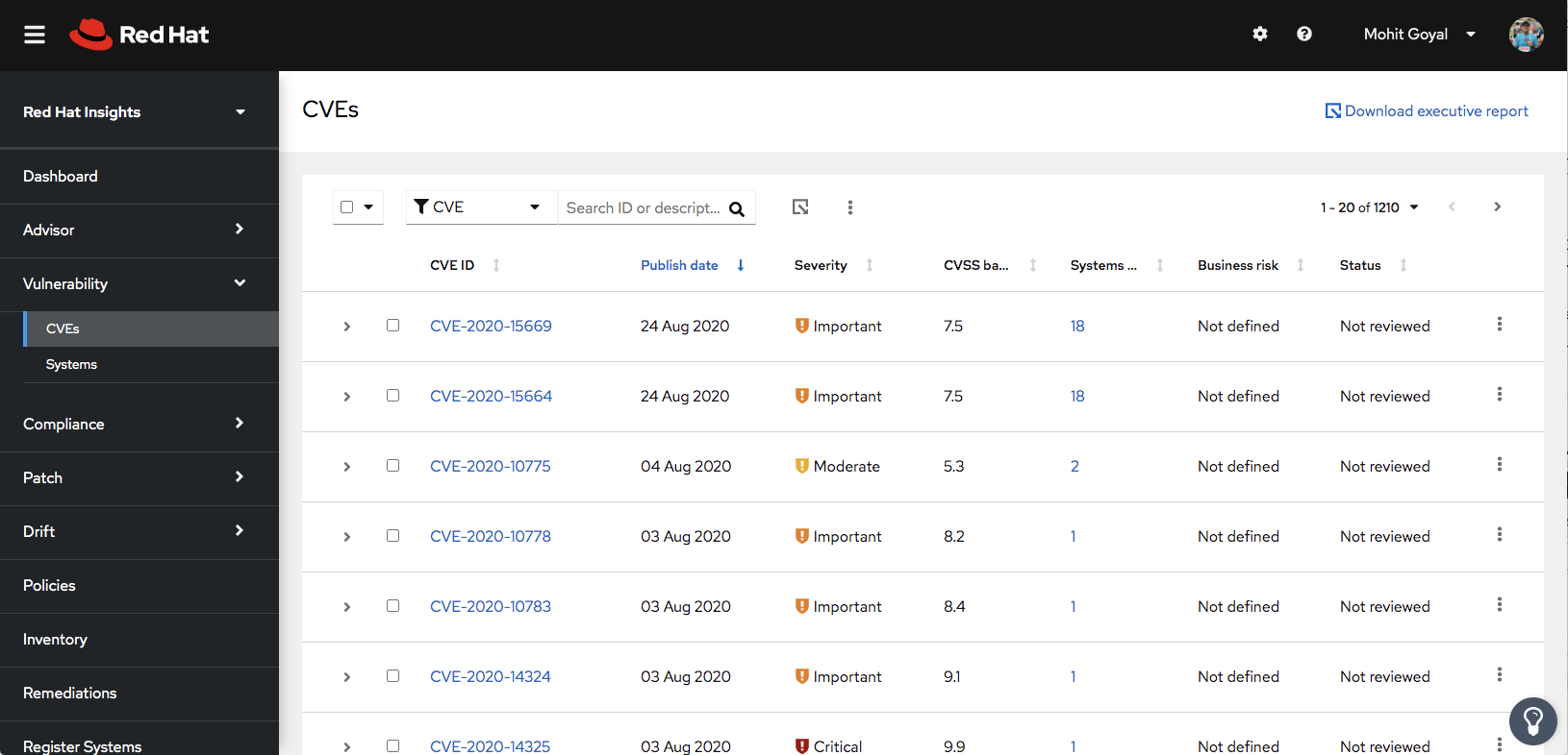 Figure 1. CVE view within the Vulnerability service