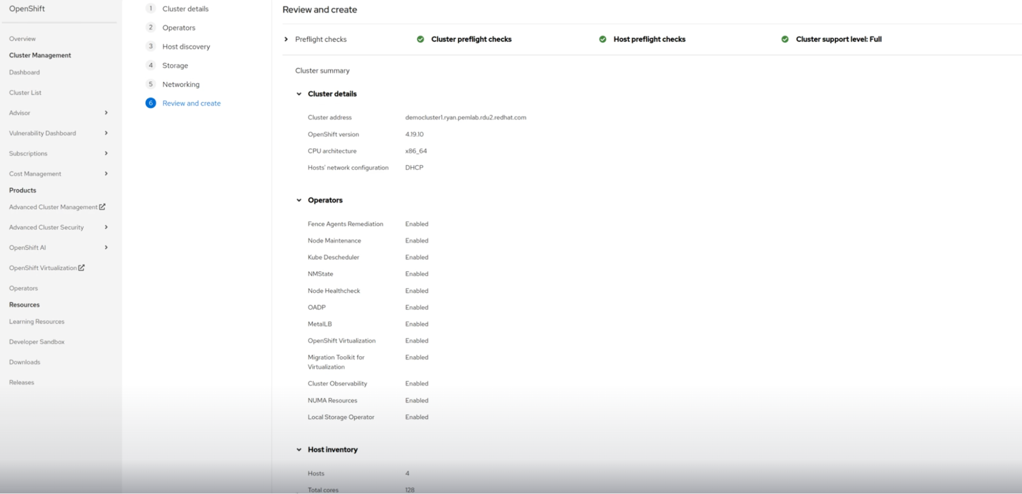 A screenshot of the OpenShift web console at the "Review and create" step of the Assisted Installer. The screen displays a Cluster summary with details about the cluster, including its name (democluster1), OpenShift version (4.10.10), CPU architecture (x86_64), and network configuration (DHCP). Below this, a section for Operators lists several operators that are enabled, such as Fence Agents Remediation, Cluster Observability, and Local Storage Operator. The Host Inventory is also summarized, showing four h