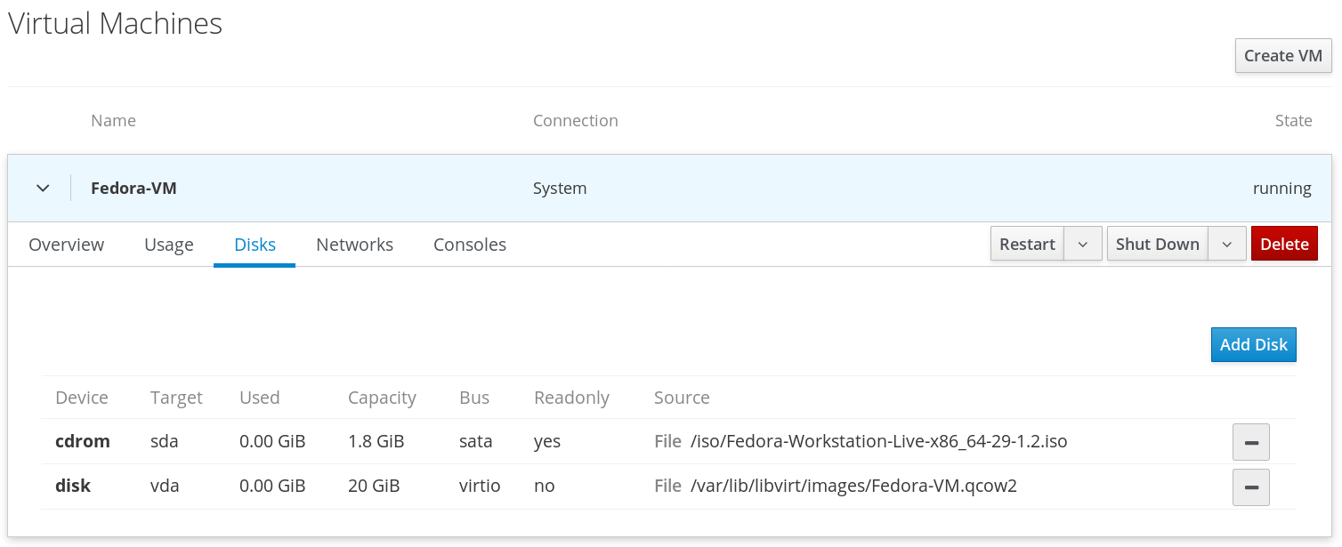 Web console disks tab