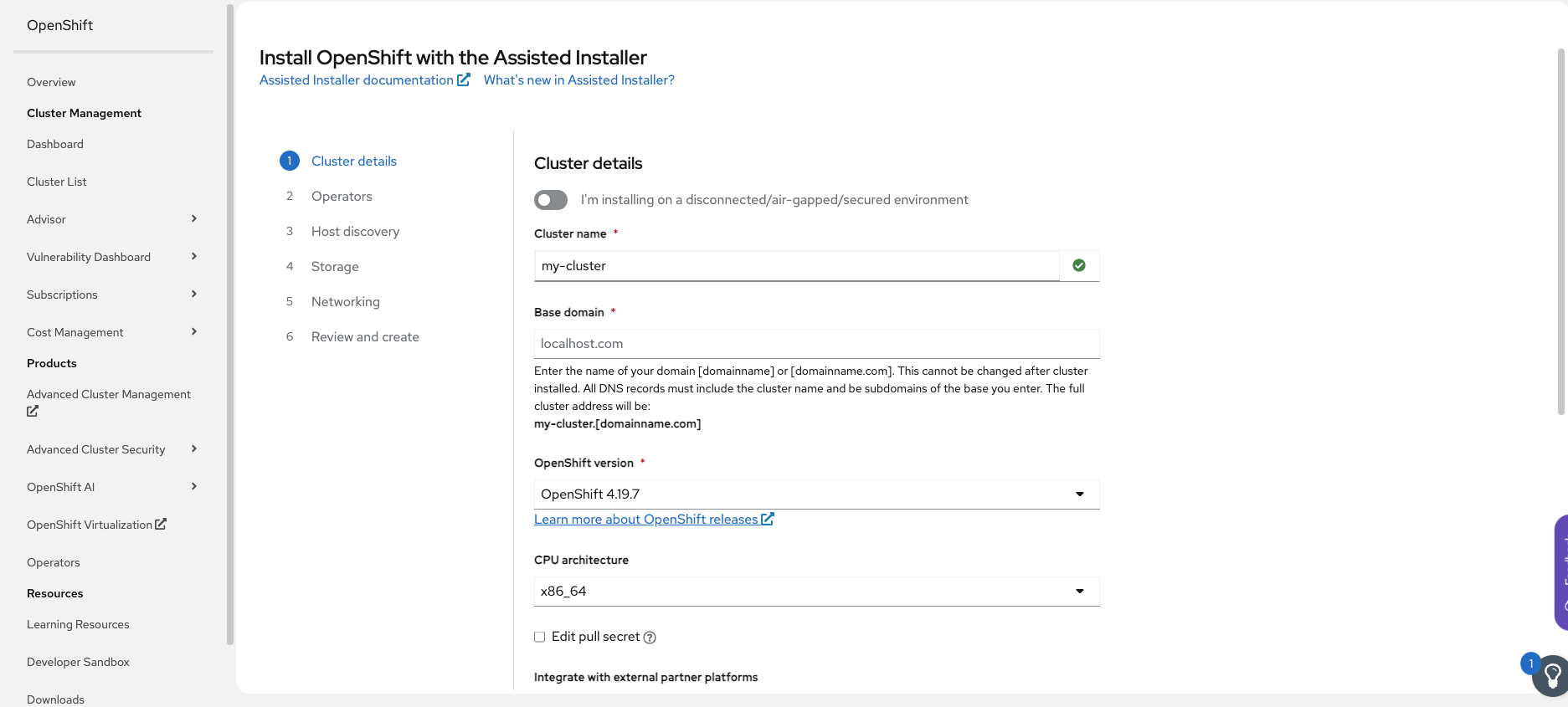 A screenshot of the OpenShift web console showing the "Cluster details" step for the Assisted Installer. The user is setting up a new cluster. The form fields visible are Cluster name (pre-filled with my-cluster), Base domain (pre-filled with localhost.host), OpenShift version (4.10.10 is selected), and CPU architecture (x86_64 is selected). A checkbox for "I'm installing on a disconnected/air-gapped/secured environment" is also shown.