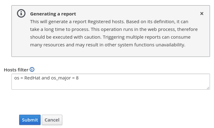 A host filter of os = RedHat and os_major = 8 to limit the report to RHEL 8 hosts