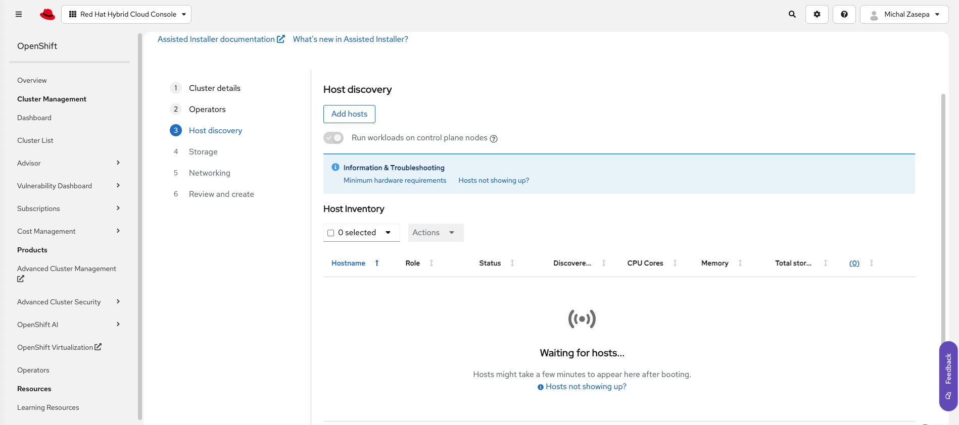 A screenshot of the OpenShift web console showing the "Host discovery" step for the Assisted Installer. The page is in a "Waiting for hosts..." state, with a message indicating that hosts might take a few minutes to appear after booting. A button to Add hosts is visible, and there's a toggle to "Run workloads on control plane nodes." Below the status message, there are links for "Information & Troubleshooting" and "Minimum hardware requirements."