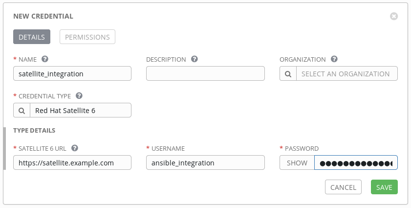 Credentials dialog in Satellite