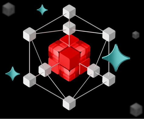 central red cube connected to a network of grey nodes