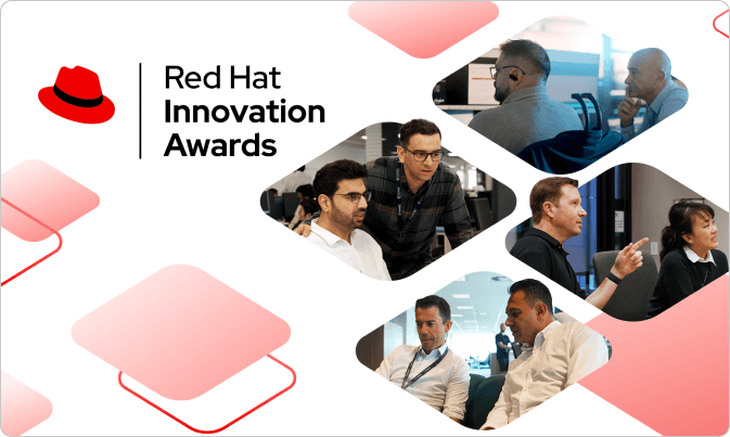 Red Hat Innovation Awards graphic with red fedora and photos of diverse teams collaborating in an office