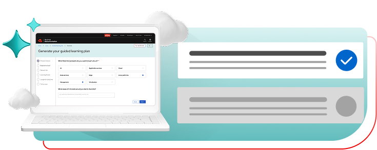 A laptop UI and status panels connected by a red line, showing an automation workflow