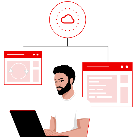 bearded man working on a laptop, connected below a stylized cloud icon, with two website interface diagrams floating behind him
