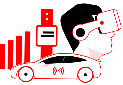 illustration showing concepts of edge computing, including a connected car with a Wi-Fi symbol, a smartwatch, a head wearing a virtual reality headset, and rising red bar graphs.