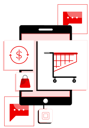 a mobile device surrounded by icons representing e-commerce and communication, including a shopping cart, a shopping bag, a circular dollar sign refresh arrow, and two speech bubbles.