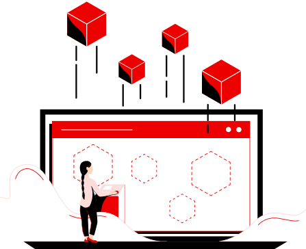 woman standing in front of a large monitor with hexagonal shapes on its screen, while four red and black cubes float above