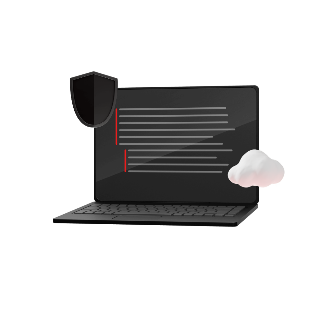 black laptop with black shield in upper left and fluffy cloud in lower right of screen