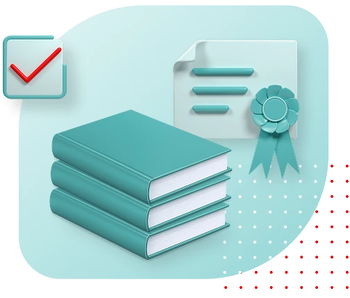 teal books on teal background with ribbon on paper with red checkmark in teal box and red dot grid