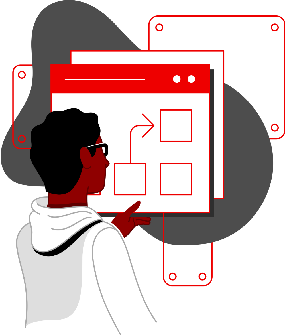 illustration of a person in a hoodie interacting with a user interface showing an automation workflow flowchart
