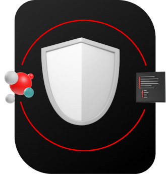 Security icon with a white shield, encircled in red, protecting data clusters and a code report