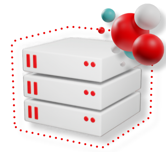 3D graphic displaying a stack of servers surrounded by a dotted line and colorful spheres
