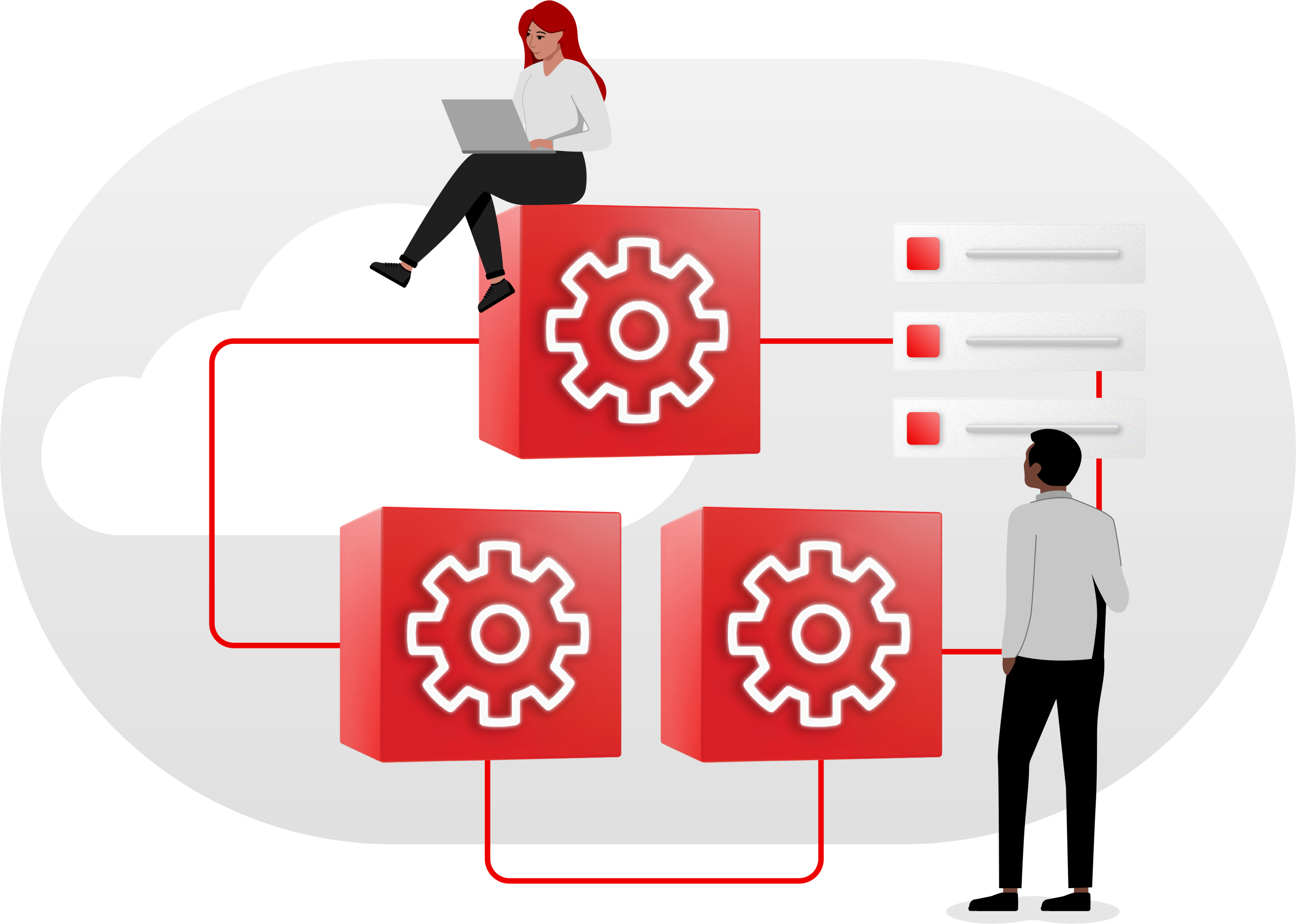 two people interacting with a technology system represented by three large red cubes with gear icons.