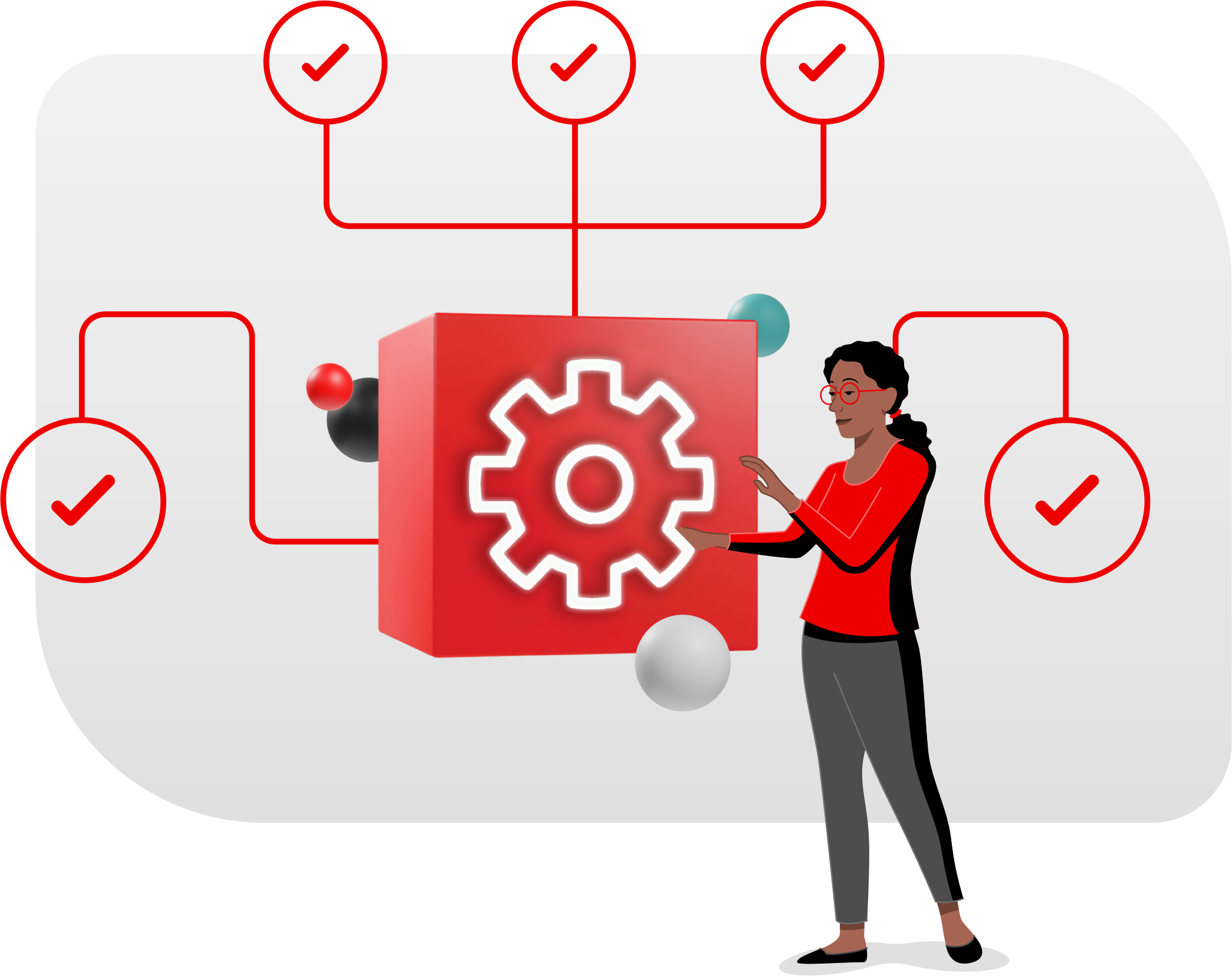a woman managing a technology system that connects to several completed tasks indicated by checkmarks.