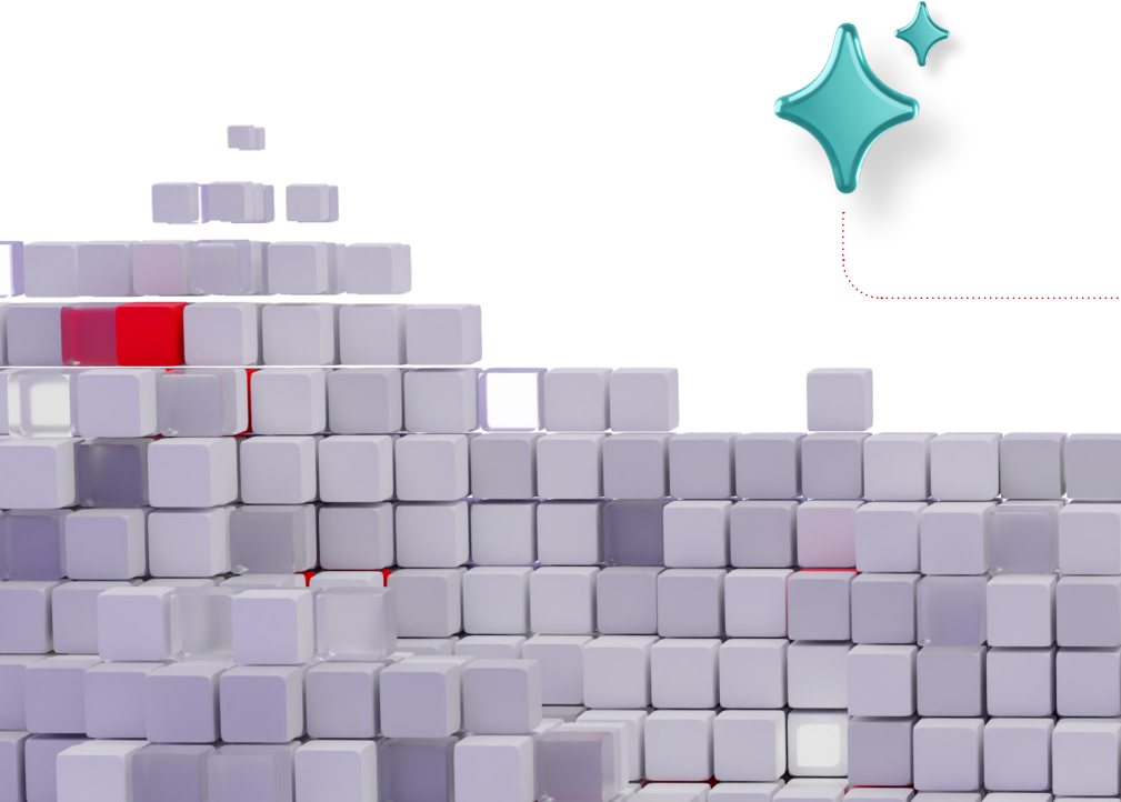 many small, light purple and white cubes and a shiny, teal four-pointed star and smaller star above it