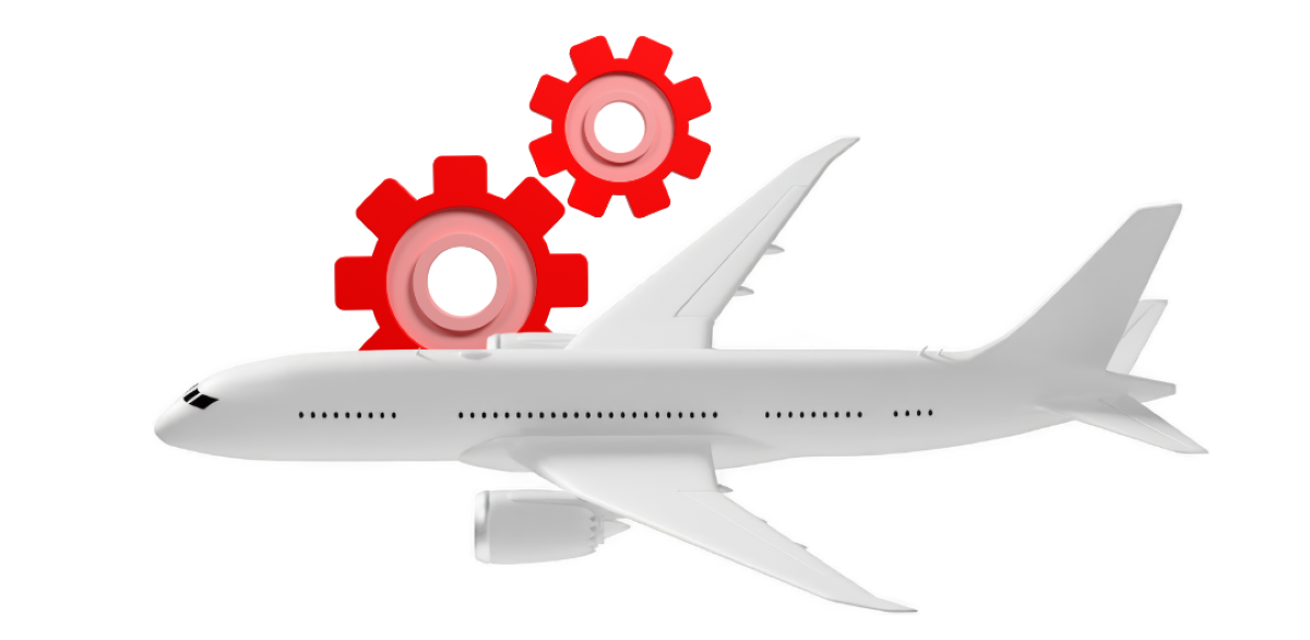 a white passenger airplane with two large, interlocking red gears sitting atop its fuselage, symbolizing automation