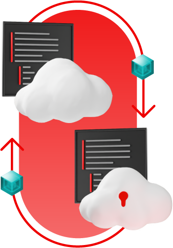 DevSecOps concept with a continuous loop connecting clouds, code, and a security keyhole icon