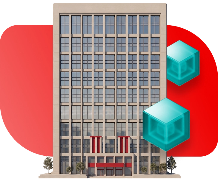 A tall enterprise building is modernized with two floating teal container cubes
