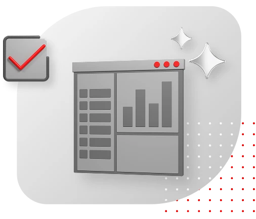 gray console on gray background with red checkmark in gray box with red dot grid