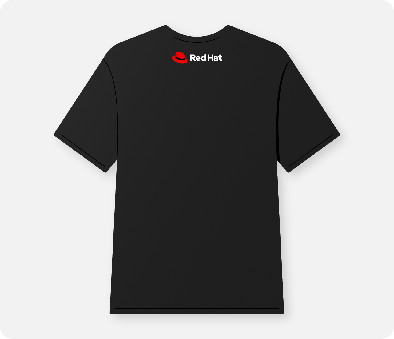 A t-shirt with the Red Hat logo printed on the nape (the back of the neck).