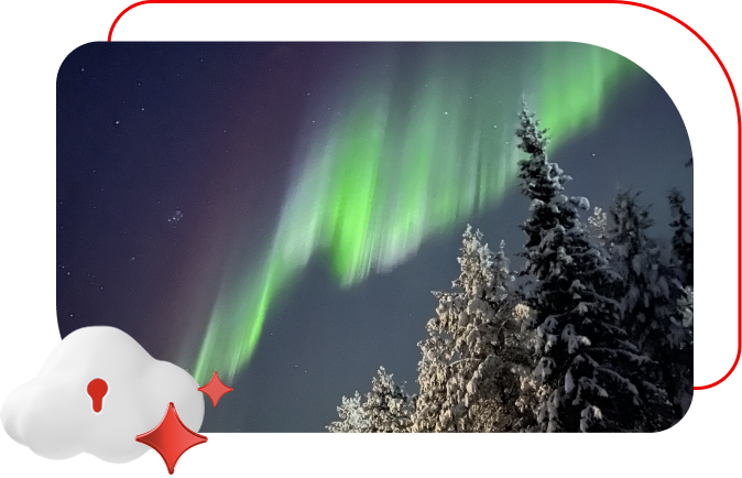 A secure cloud icon sparkles before the green aurora borealis above snowy pine trees