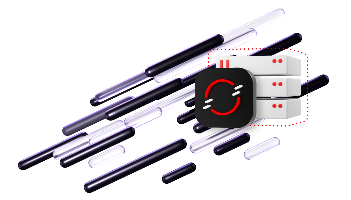  icon with circular arrows overlays a stack of three servers