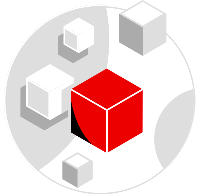 cluster of 3D white cube surrounding a larger red cube