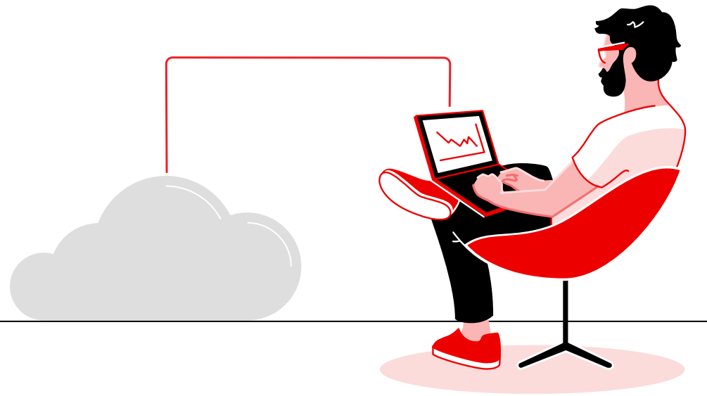 Man with beard sitting in chair working on laptop with a red line pointing from laptop  to a gray cloud