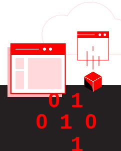 A red container deploys from an application window in the cloud, with binary code in the foreground