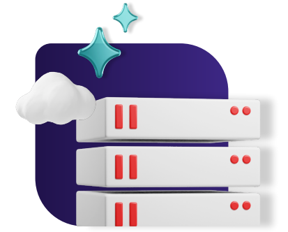 illustration of server stack with white cloud and 2 stars