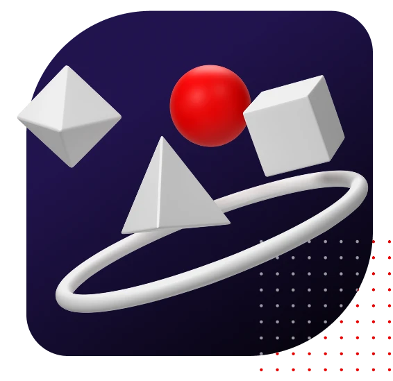 white 3d shapes on purple background with red dot grid
