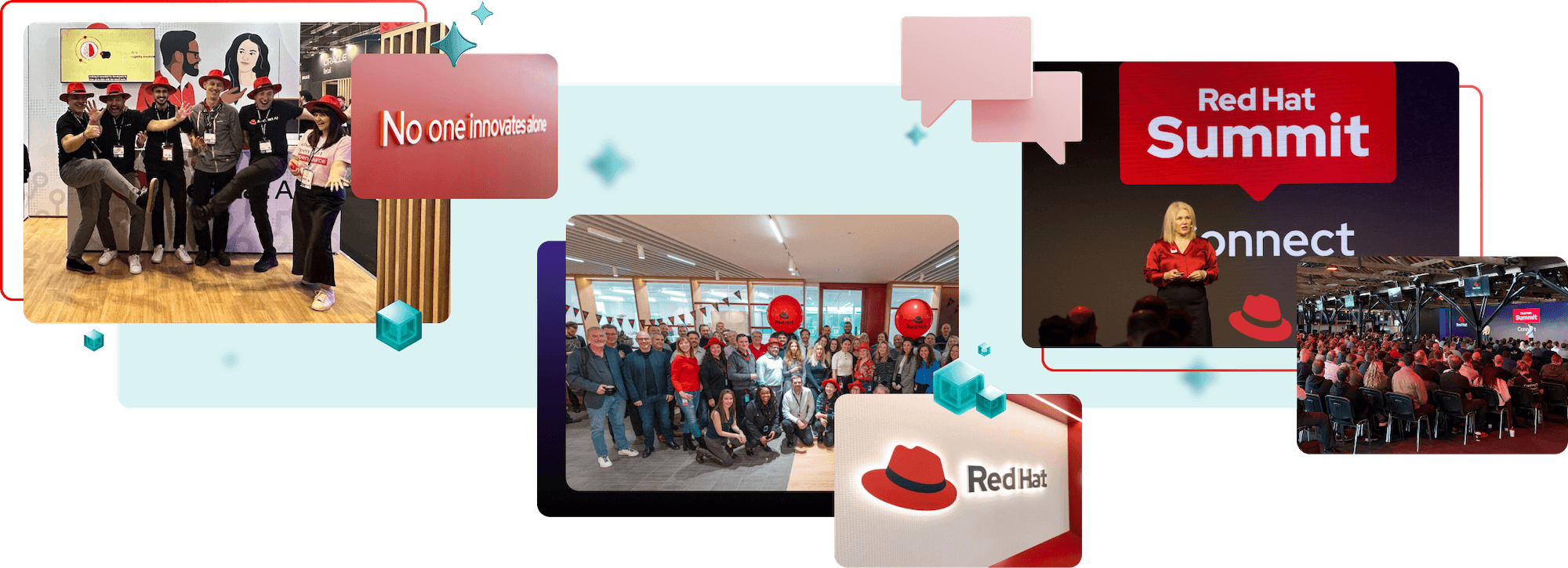 A photo collage from Red Hat Summit showing people connecting, collaborating, and learning together
