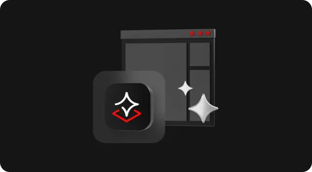 光るユーザー・インタフェース・パネルの前に星と赤いシェブロンが描かれた、様式化されたアイコン