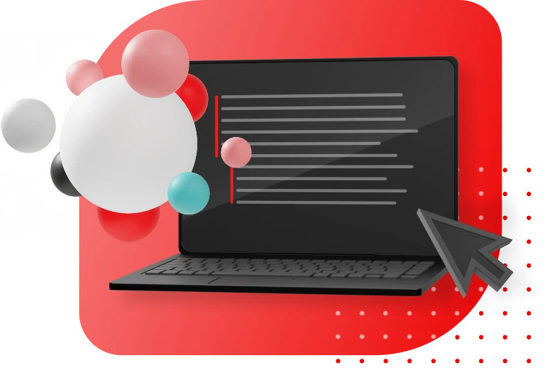 laptop with varying size dots 3d graphic and red dot grid on red background