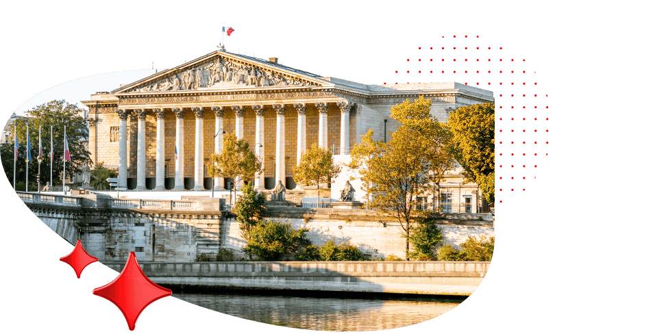 The French National Assembly building in Paris with red decorative graphic accents
