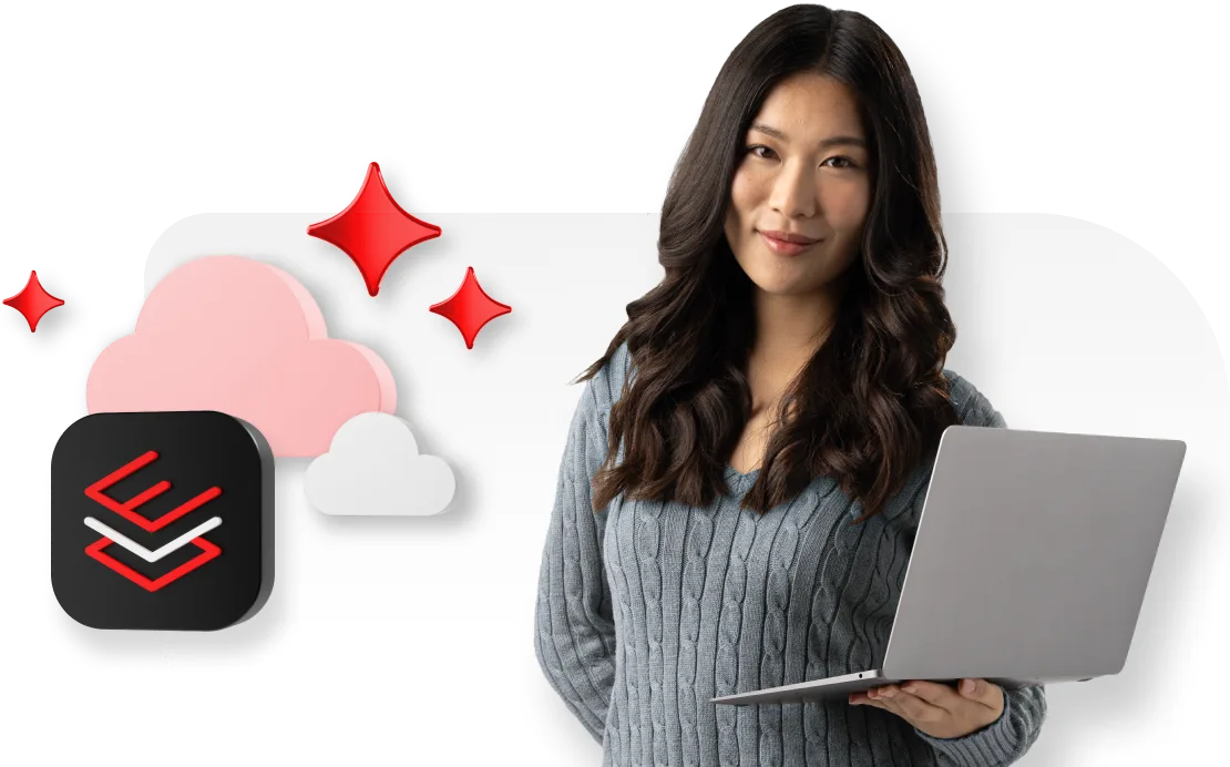 Woman holding a laptop next to a pink and white shield, red starbursts, and a black Red Hat Enterprise Linux tech icon
