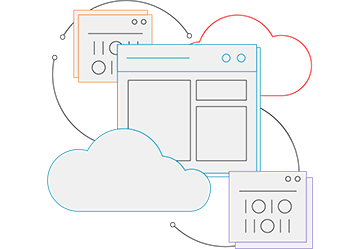 Abstract illustration of clouds revolving around servers and web pages