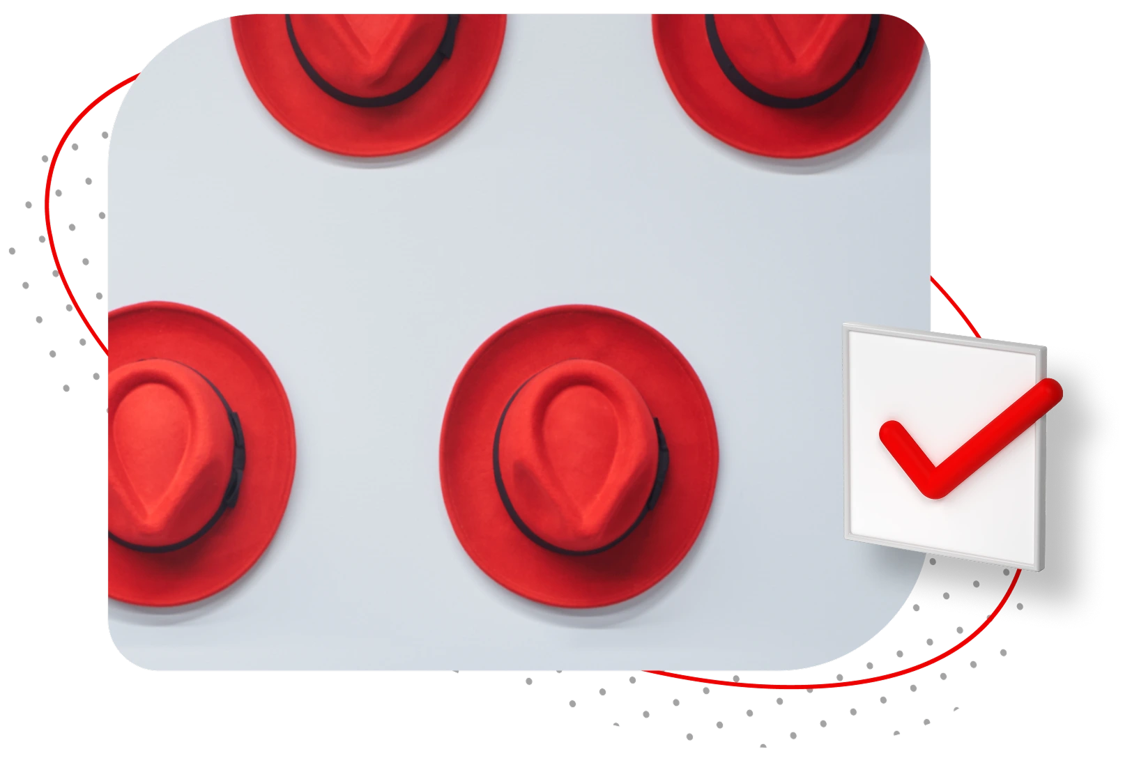 Red fedoras on a white background next to a red checkmark