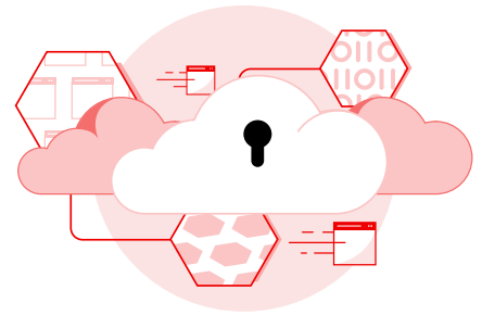 a centered cloud with a key hole in middle with floating hexigons that include code and windows