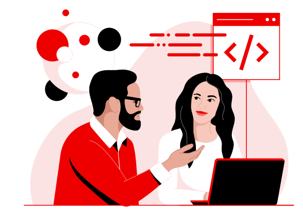A man in a red sweater explains code to a woman sitting at a laptop