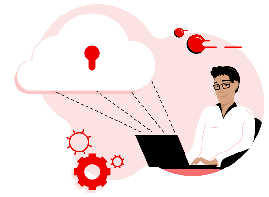 A person at a laptop securely connects to a cloud symbolized by a red keyhole icon