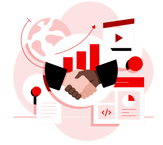  illustration with a handshake surrounded by a globe, bar chart, and code icons