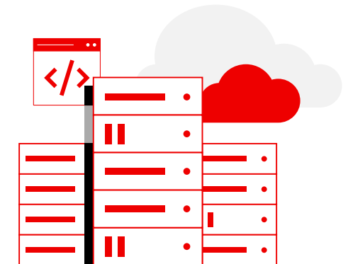 server racks, a cloud graphic, and a browser window with a code snippet icon